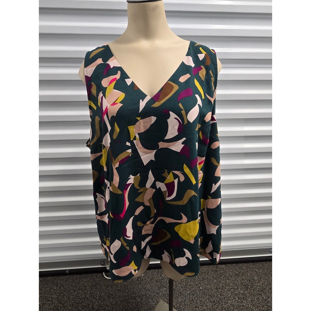 Nine West Womens XL Teal Abstract Print Sleeveless V-Neck Lined Blouse Top